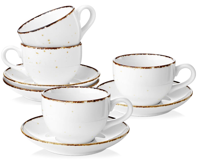 Yedio 8Oz Cappuccino Cups And Saucer  Porcelain Coffee Mugs  Latte Cups Set For Cappuccino  Espresso  Americano  Latte  Tea  Mocha  Microwave Dishwasher Safe  Set Of 4  White - Image 1