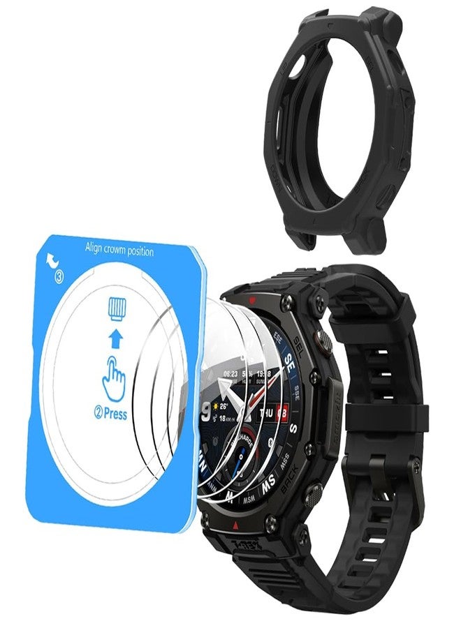 Huadu واقي شاشة HUADU لساعات Amazfit T-Rex 3 Pro 48mm، مع إطار تثبيت ذاتي المحاذاة، فيلم زجاجي مقسى مضاد للخدش عالي الدقة تغطية كاملة وحافظة سيليكون (أسود) - Image 1