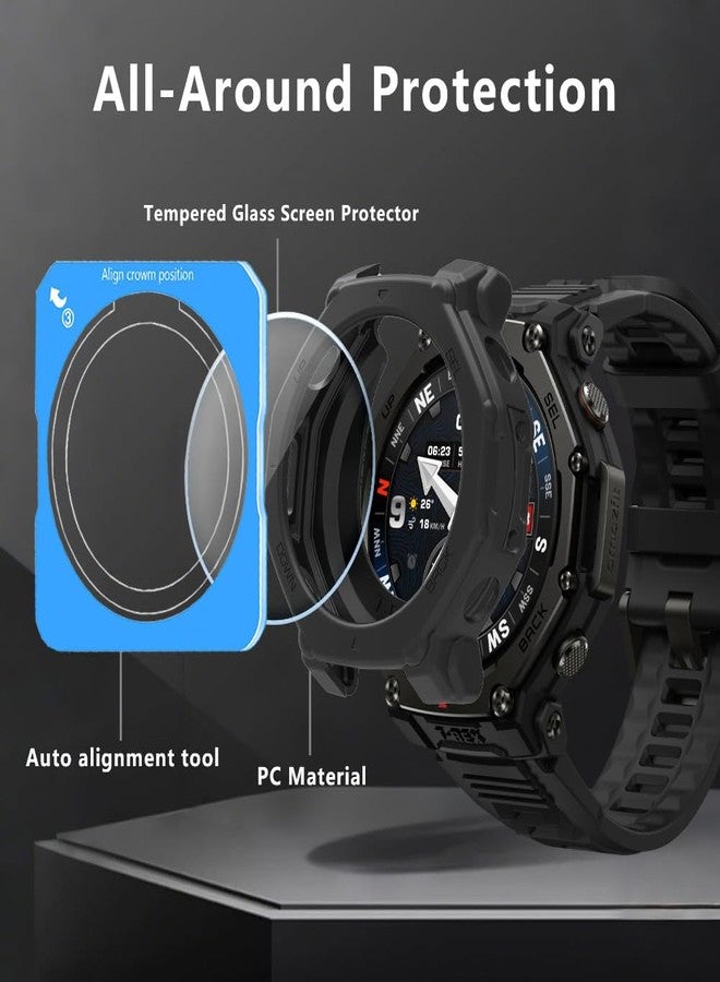 Huadu واقي شاشة HUADU لساعات Amazfit T-Rex 3 Pro 48mm، مع إطار تثبيت ذاتي المحاذاة، فيلم زجاجي مقسى مضاد للخدش عالي الدقة تغطية كاملة وحافظة سيليكون (أسود) - Image 3