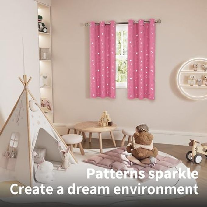 BGment Pink Curtains for Girls Bedroom, Star and Moon Blackout Curtains for Kids Babys Room 63 Inch Long, Thermal Insulated Room Darkening Window Drapes with Grommet for Nursery, 2 Panels, 42 Wide - Image 1