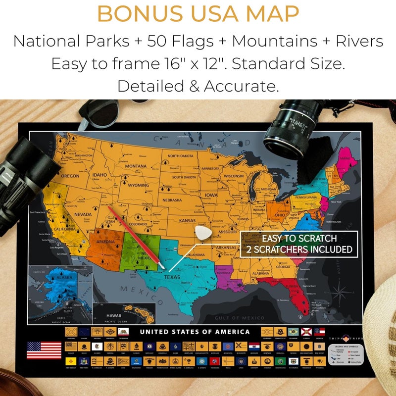 TRIPA TRIPS XL Scratch Off World Map with 233 Flags – 36 x 24 Scratch Off Map of The World + Scratch Off USA Map – Easy to Frame World Scratch Off Map + Tools – Travel Map Wall Poster - Deluxe Gift for Travelers (BLACK) - Image 5