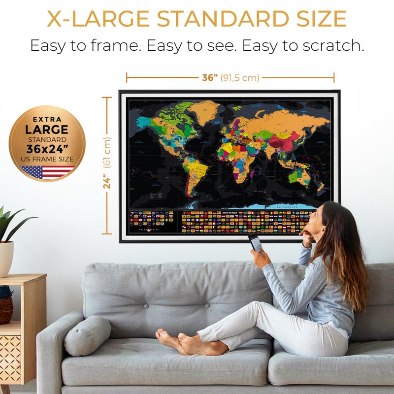 TRIPA TRIPS XL Scratch Off World Map with 233 Flags – 36 x 24 Scratch Off Map of The World + Scratch Off USA Map – Easy to Frame World Scratch Off Map + Tools – Travel Map Wall Poster - Deluxe Gift for Travelers (BLACK) - Image 2