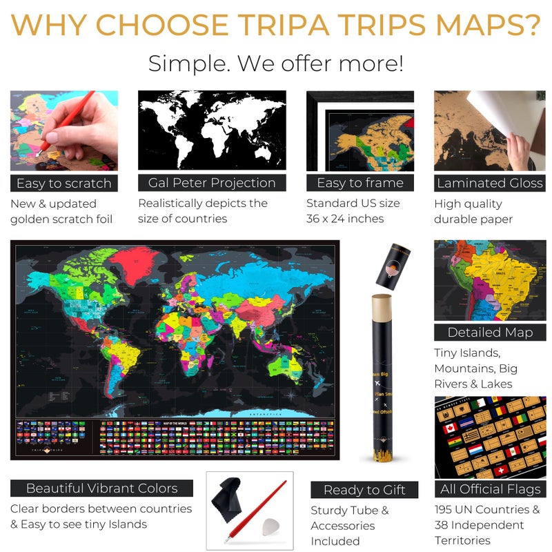 TRIPA TRIPS XL Scratch Off World Map with 233 Flags – 36 x 24 Scratch Off Map of The World + Scratch Off USA Map – Easy to Frame World Scratch Off Map + Tools – Travel Map Wall Poster - Deluxe Gift for Travelers (BLACK) - Image 4