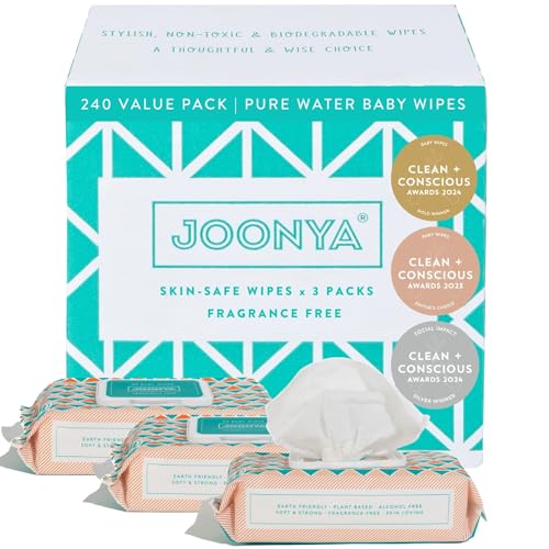 JOONYA Unscented Baby Wipes — Plant-Based, Fragrance-Free Diaper Wipes | Hypoallergenic, Non-Toxic, Compostable & Biodegradable Wet Wipes for Sensitive Newborn Skin | 3 Packs of 80 Wipes (240 Total) - Image 1