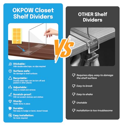 OKPOW Shelf Dividers Closet Organizer 12 Tall X 118 Deep Acrylic Clear Sturdy Separate for Clothes Purse Adjustable Space Saver Easy Install for Home Organization Enthusiasts 8 Pack - Image 3