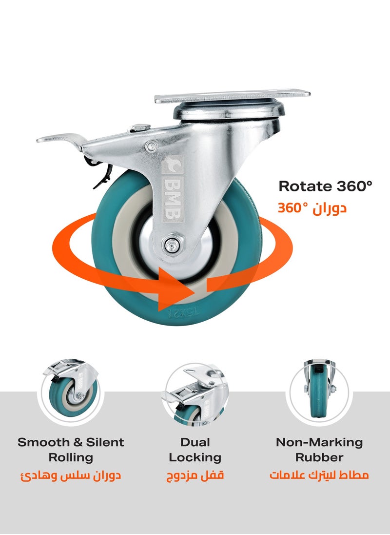BMB tools 4-Piece Grey Rubber Caster - Plate - Swivel with Brake / 75mm  - Image 4