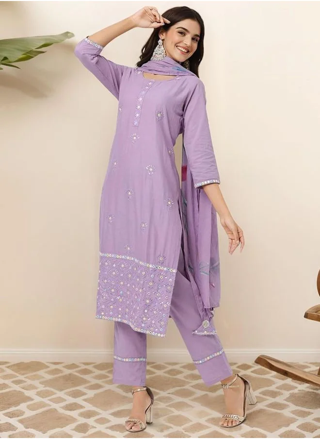 آي شين Palazzo Women Lilac Cotton Kurta Set with Embroidered pattern Tunic and Palazzo features a Round neckline and Three-Fourth Sleeve secured with Elastic closure and styled in Straight Fit ideal for Festive moments — perfect for fashion-forward occasions.