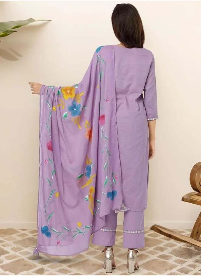 آي شين Palazzo Women Lilac Cotton Kurta Set with Embroidered pattern Tunic and Palazzo features a Round neckline and Three-Fourth Sleeve secured with Elastic closure and styled in Straight Fit ideal for Festive moments — perfect for fashion-forward occasions.