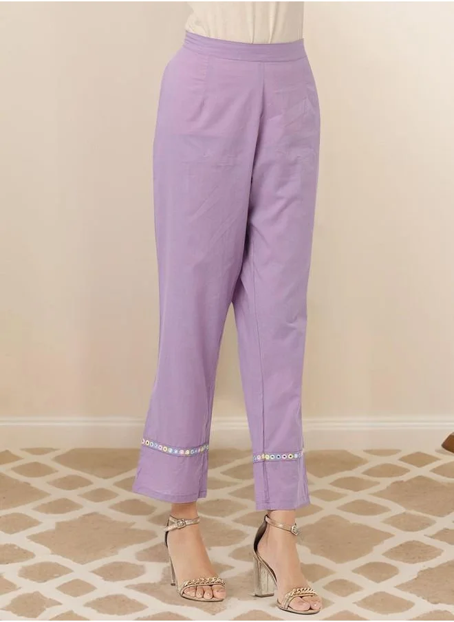 آي شين Palazzo Women Lilac Cotton Kurta Set with Embroidered pattern Tunic and Palazzo features a Round neckline and Three-Fourth Sleeve secured with Elastic closure and styled in Straight Fit ideal for Festive moments — perfect for fashion-forward occasions.