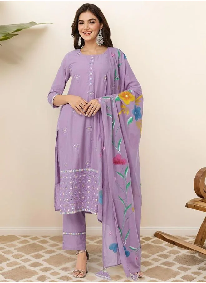 ISHIN Palazzo Women Lilac Cotton Kurta Set with Embroidered pattern Tunic and Palazzo features a Round neckline and Three-Fourth Sleeve secured with Elastic closure and styled in Straight Fit ideal for Festive moments — perfect for fashion-forward occasions.