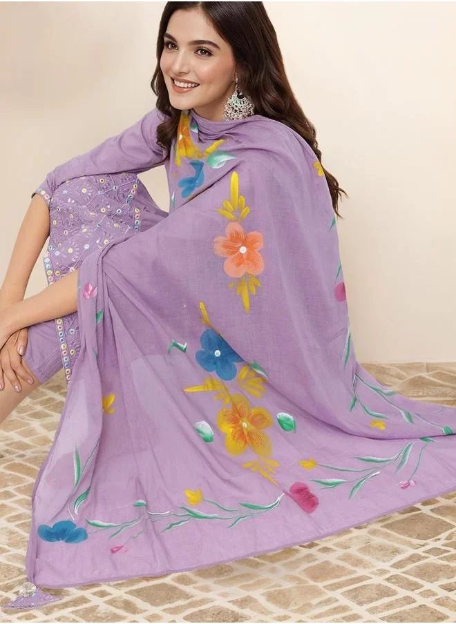ISHIN Palazzo Women Lilac Cotton Kurta Set with Embroidered pattern Tunic and Palazzo features a Round neckline and Three-Fourth Sleeve secured with Elastic closure and styled in Straight Fit ideal for Festive moments — perfect for fashion-forward occasions.