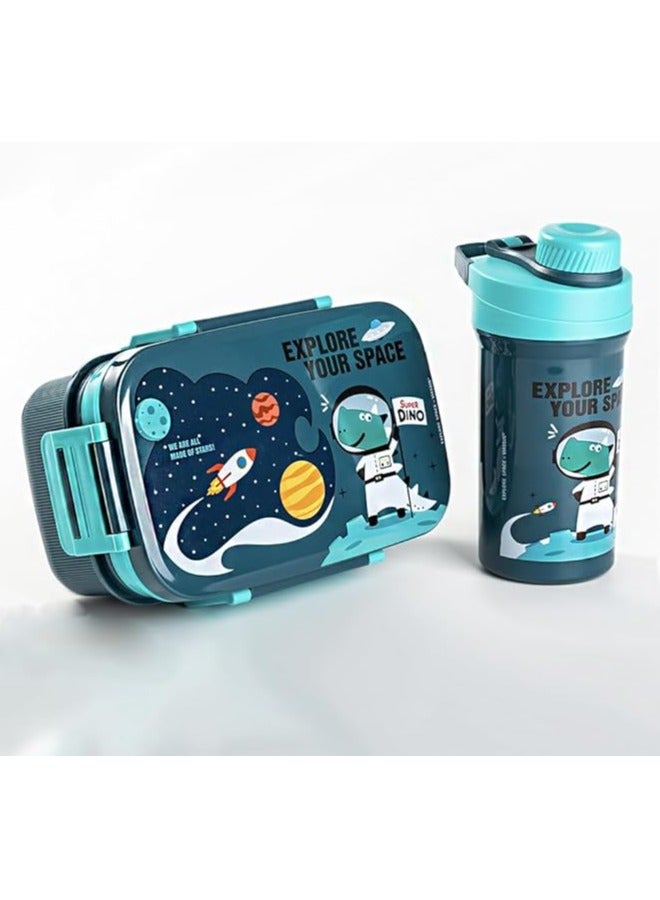 موبكوس صندوق غداء للطلاب مع زجاجة مياه بتصميم كرتوني، صندوق غداء مزدوج الطبقات للبالغين مع شوكة سعة 1800 مل وكوب شرب سعة 500 مل (أزرق) - Image 3