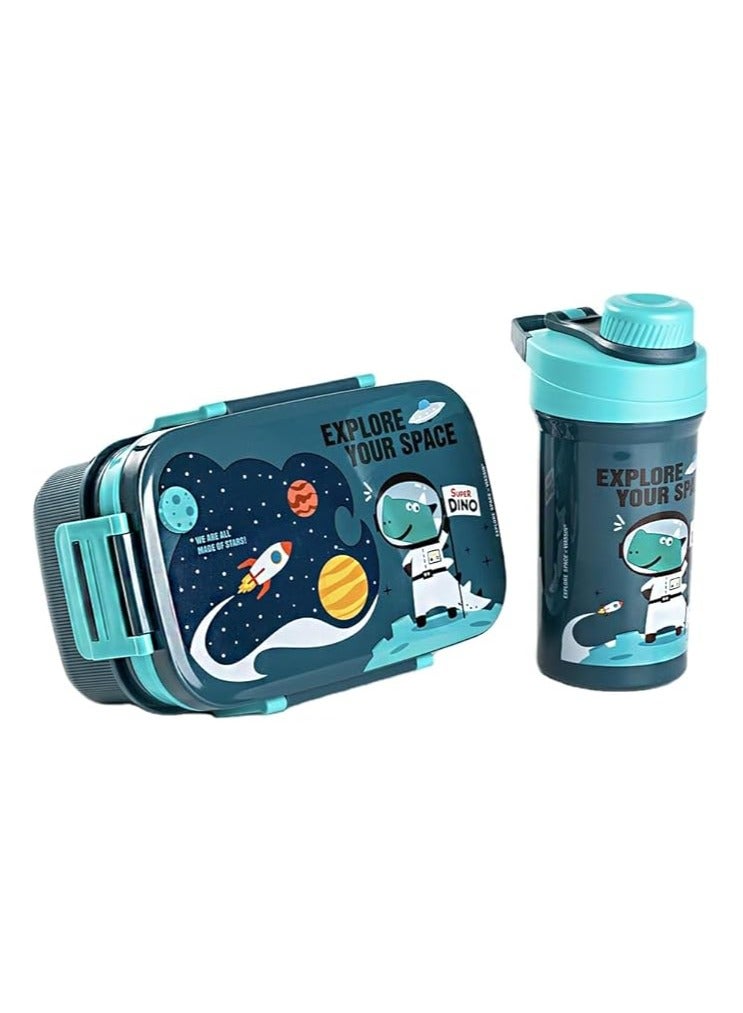 موبكوس صندوق غداء للطلاب مع زجاجة مياه بتصميم كرتوني، صندوق غداء مزدوج الطبقات للبالغين مع شوكة سعة 1800 مل وكوب شرب سعة 500 مل (أزرق) - Image 1