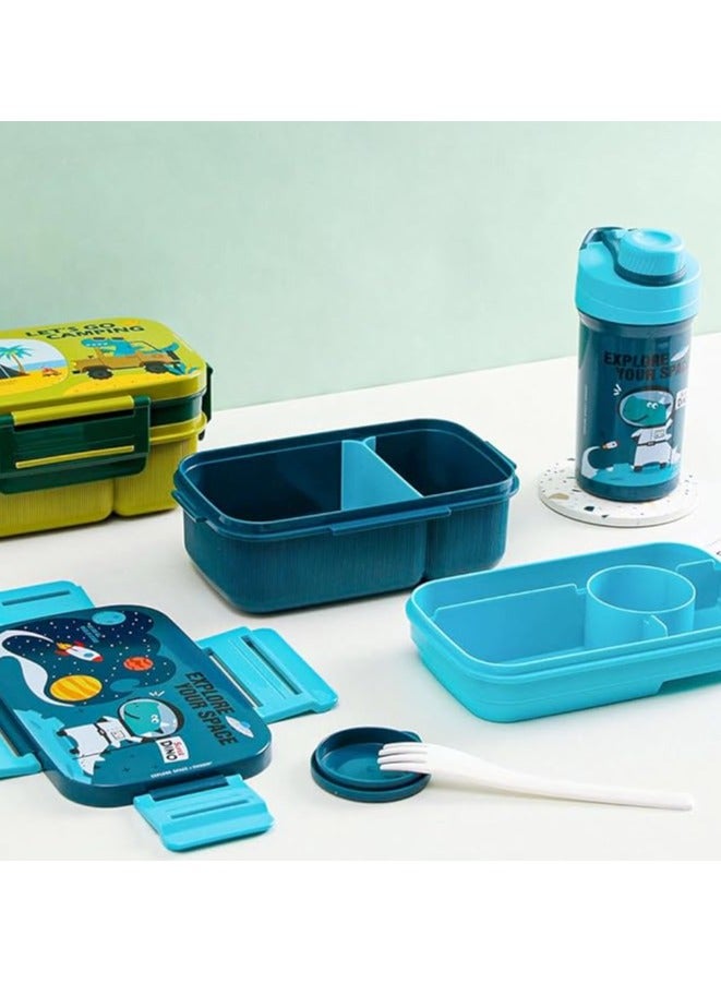 موبكوس صندوق غداء للطلاب مع زجاجة مياه بتصميم كرتوني، صندوق غداء مزدوج الطبقات للبالغين مع شوكة سعة 1800 مل وكوب شرب سعة 500 مل (أزرق) - Image 2