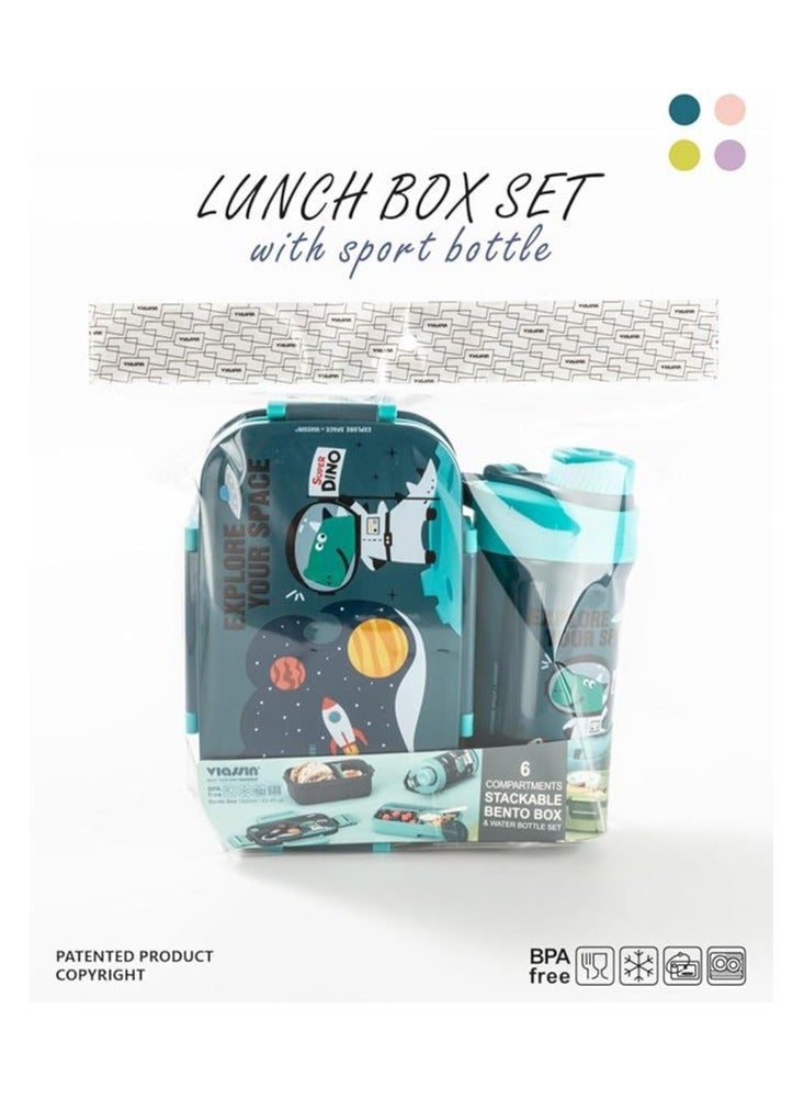 موبكوس صندوق غداء للطلاب مع زجاجة مياه بتصميم كرتوني، صندوق غداء مزدوج الطبقات للبالغين مع شوكة سعة 1800 مل وكوب شرب سعة 500 مل (أزرق) - Image 4