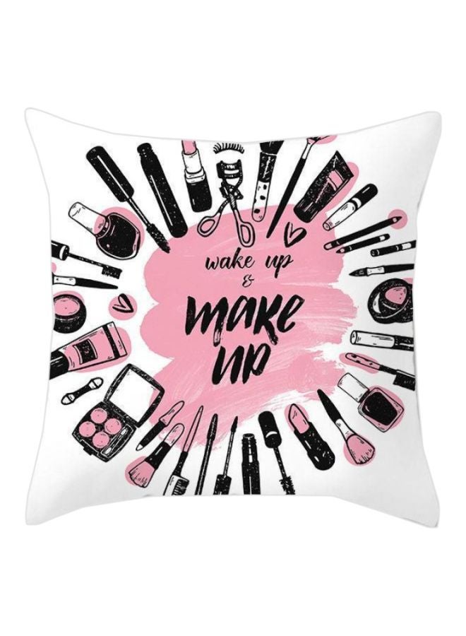 غطاء وسادة بطبعة عبارة Wake Up And Makeup بوليستر أبيض/وردي/أسود 45x45سم