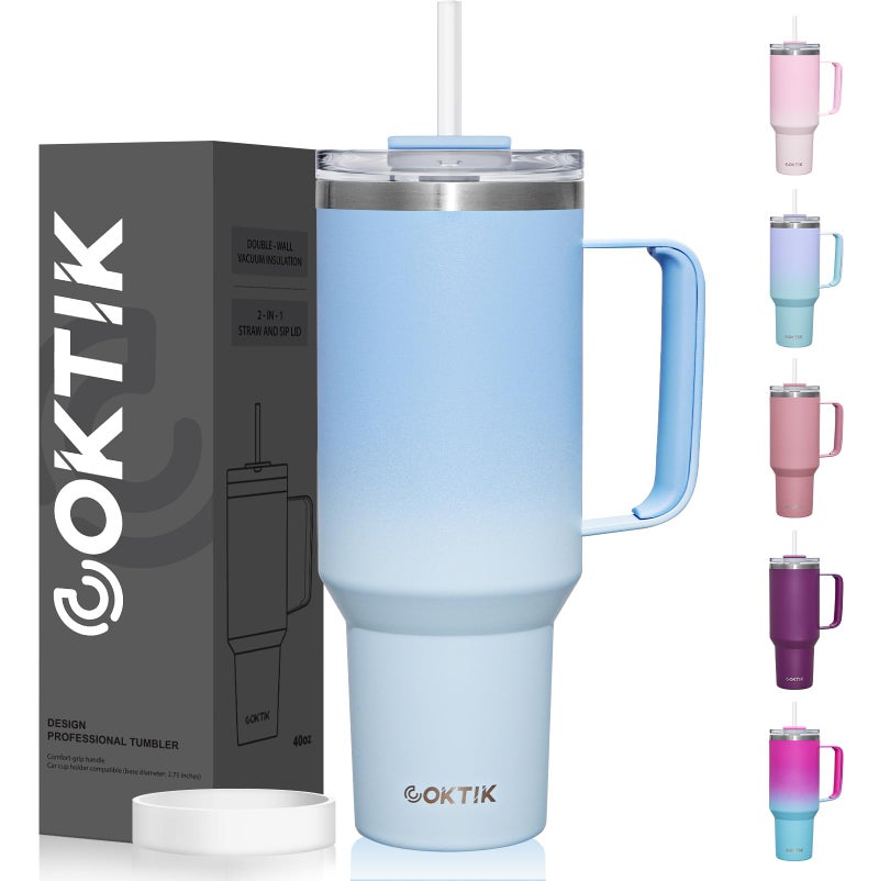 COKTIK 40 oz Tumbler With Handle and Straw Lid  Vacuum Insulated Travel Coffee Mug Stainless Steel Insulated Cup for Beverages  Leak-proof  Cupholder Friendly (Silent Sky) - Image 1