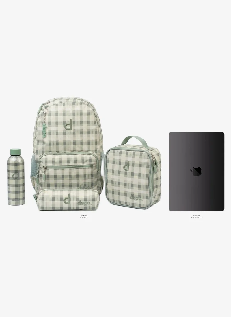 Depo DEPO Premium 4-Piece School Backpack Set – 44cm Water-Resistant Plaid Backpack, Insulated Lunch Bag, Pencil Case & 500ml BPA-Free Water Bottle | Sage Green Checkered