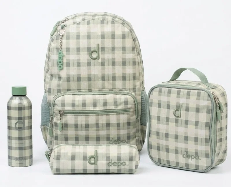 Depo DEPO Premium 4-Piece School Backpack Set – 44cm Water-Resistant Plaid Backpack, Insulated Lunch Bag, Pencil Case & 500ml BPA-Free Water Bottle | Sage Green Checkered