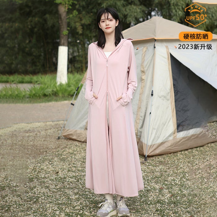 Fs102 [Official Figure Imitation Nylon 50] Anti-Ultraviolet Design Sense Solid Color Ice Silk Hooded Long Sunscreen Clothing For Women - Image 1
