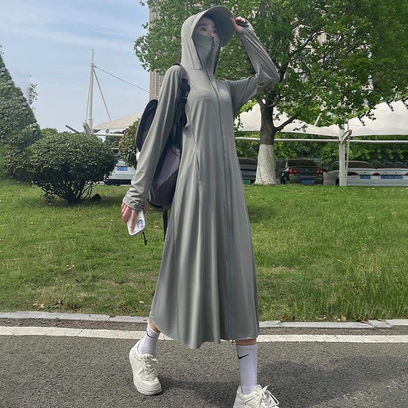 Fs102 [Official Figure Imitation Nylon 50] Anti-Ultraviolet Design Sense Solid Color Ice Silk Hooded Long Sunscreen Clothing For Women - Image 3
