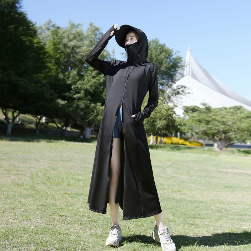 Fs102 [Official Figure Imitation Nylon 50] Anti-Ultraviolet Design Sense Solid Color Ice Silk Hooded Long Sunscreen Clothing For Women - Image 4