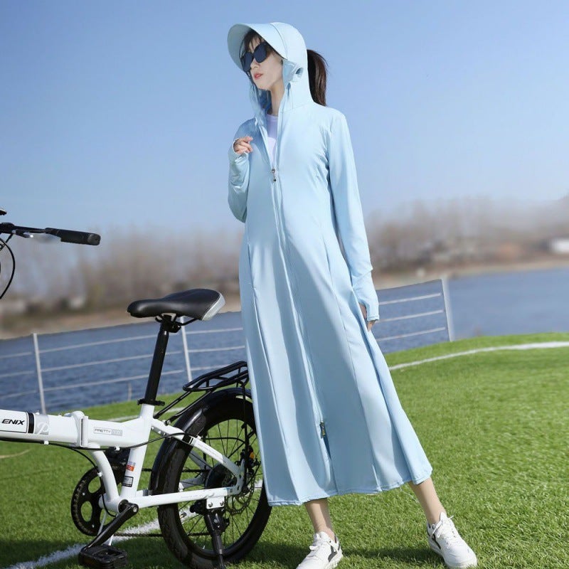 Fs102 [Official Figure Imitation Nylon 50] Anti-Ultraviolet Design Sense Solid Color Ice Silk Hooded Long Sunscreen Clothing For Women - Image 5