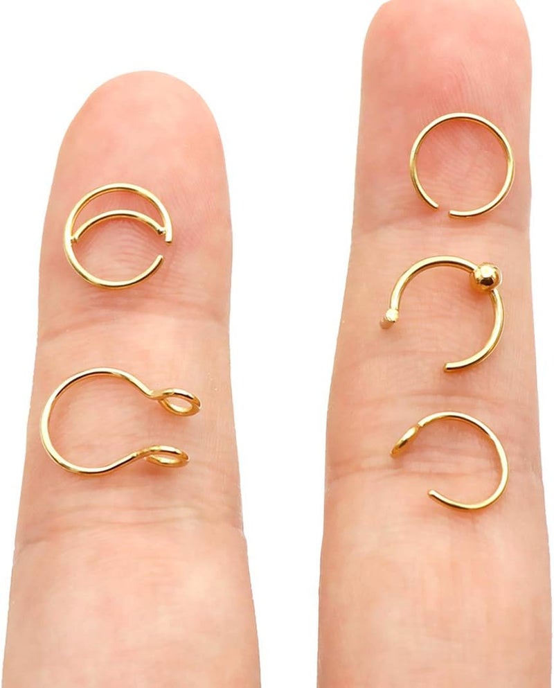 Earmark 20G 5Pcs Adjustable 8MM Fake Nose Rings Hoop in High Polished Surgical Steel | Diameter 8MM | Color Gold - Silver - Black - Rainbow - Image 1