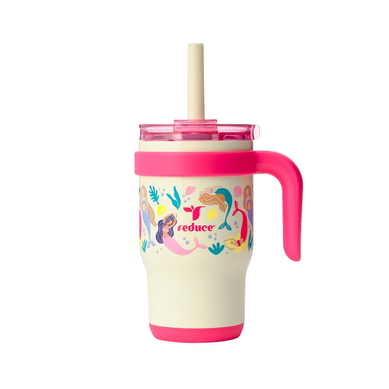 REDUCE 14 Oz Coldee Kids Tumbler with Lid and Straw - Coldee Insulated Travel Mug - Spill-Proof, Sweatproof Stainless Steel, BPA-Free - Includes Handle, Reusable Silicone Straw - Pink Mermaid - Image 1