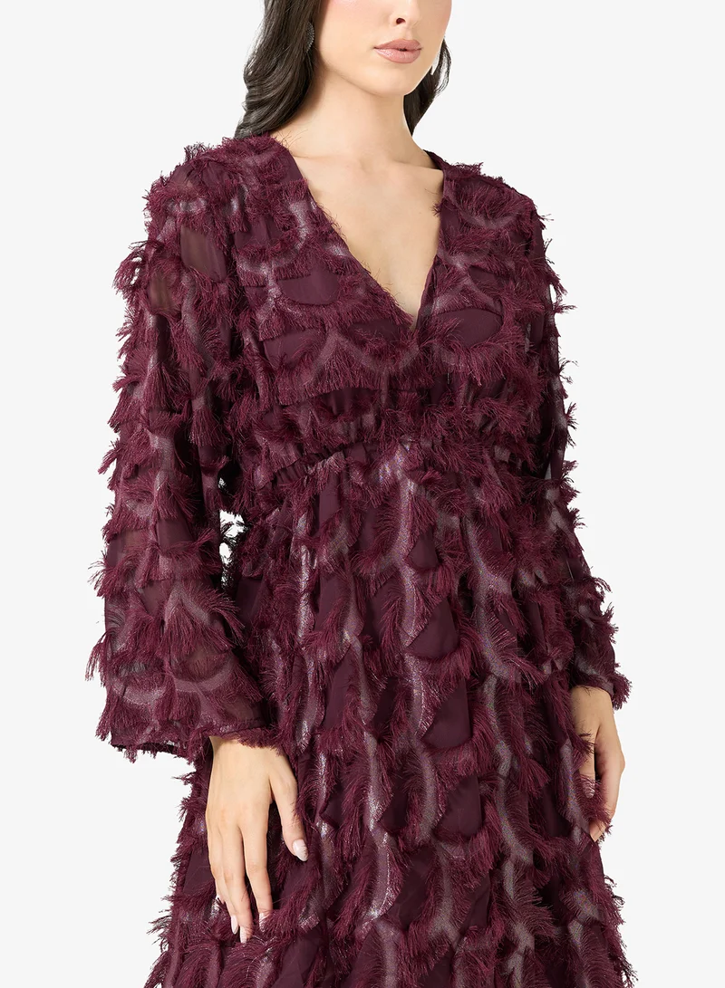 YAS Feather Detail V Neck Mini Dress