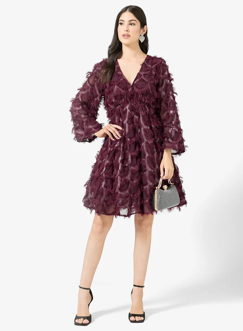 YAS Feather Detail V Neck Mini Dress