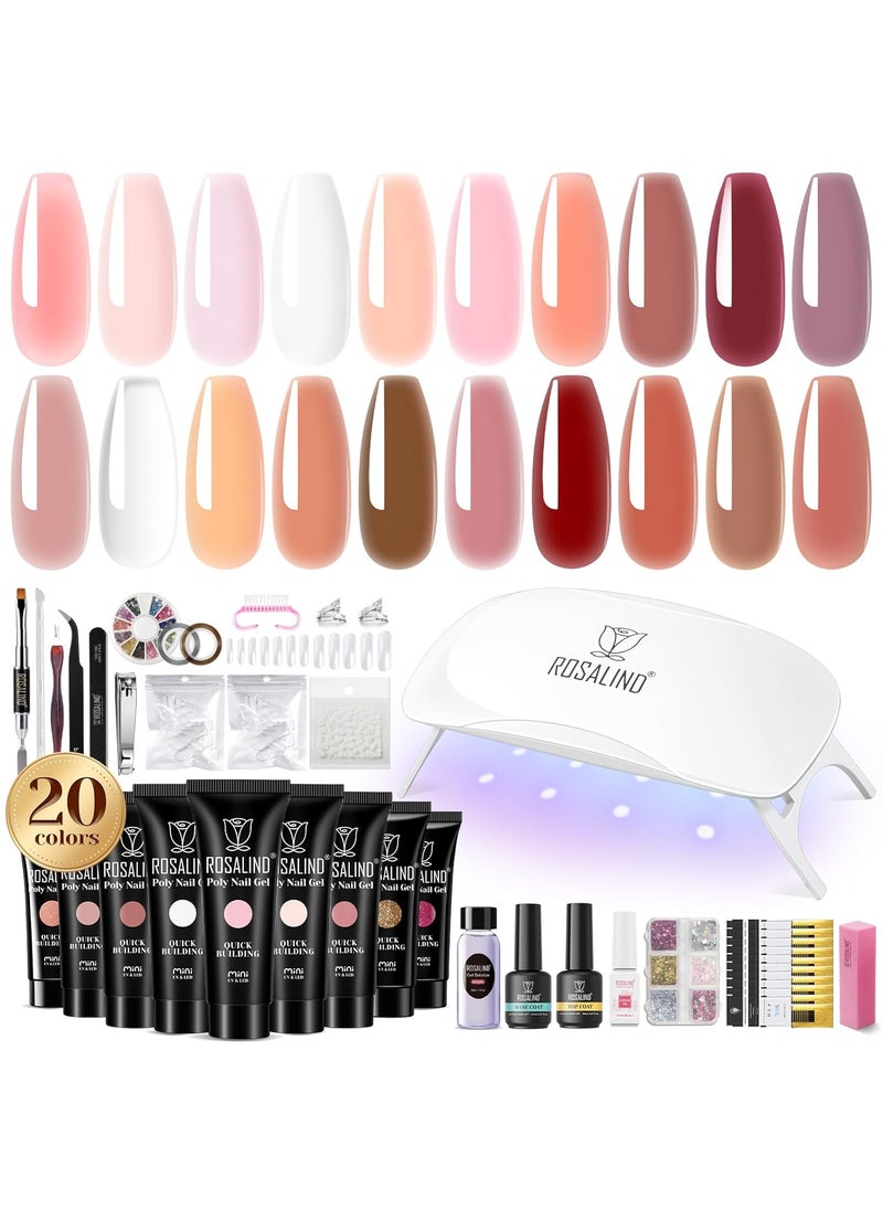 Rosalind ROSALIND 20PCS White Clear Poly Nails Gel Kit Starter Builder Kit with Slip Solution Pro Nude Pink Nail Extensions Gel Set with Mini UV Lamp Drill Nail Art 