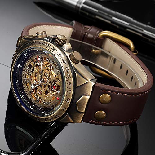 MASTOP Luxury Automatic Mechanical Men's Leather Belt Fashion Bronze Steel Waterproof Skeleton Watch (Brown) - Image 3