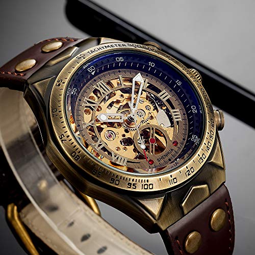 MASTOP Luxury Automatic Mechanical Men's Leather Belt Fashion Bronze Steel Waterproof Skeleton Watch (Brown) - Image 5
