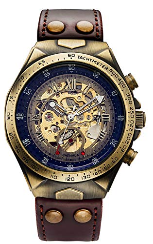 MASTOP Luxury Automatic Mechanical Men's Leather Belt Fashion Bronze Steel Waterproof Skeleton Watch (Brown) - Image 1