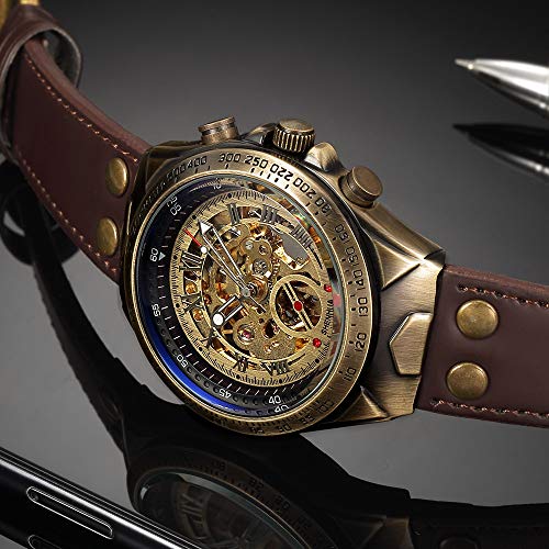 MASTOP Luxury Automatic Mechanical Men's Leather Belt Fashion Bronze Steel Waterproof Skeleton Watch (Brown) - Image 4