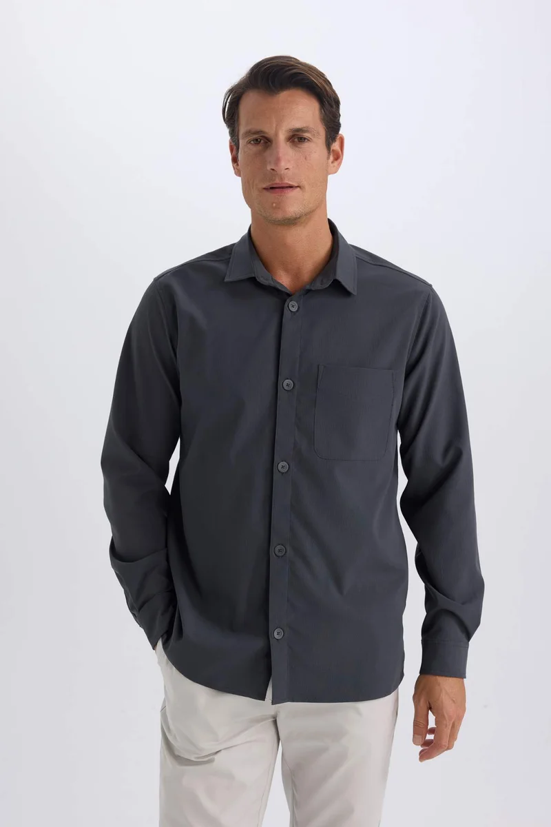 ديفاكتو Regular Fit Polo Collar Long Sleeve Shirt