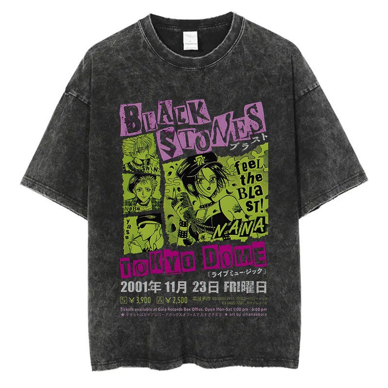 New Vintage American Style Streetwear Cotton T-Shirt Short Sleeves Cartoon Anime Old NANA Washing Printing Harajuku Clothing 7 vintage black 