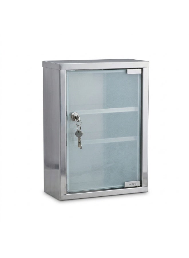 Stainless Steel First Aid Box with Frosted Glass Door & Security Lock | Wall-Mounted Emergency Medicine Storage Cabinet with Two Adjustable Shelves for Home, Office, and Workplace Safety