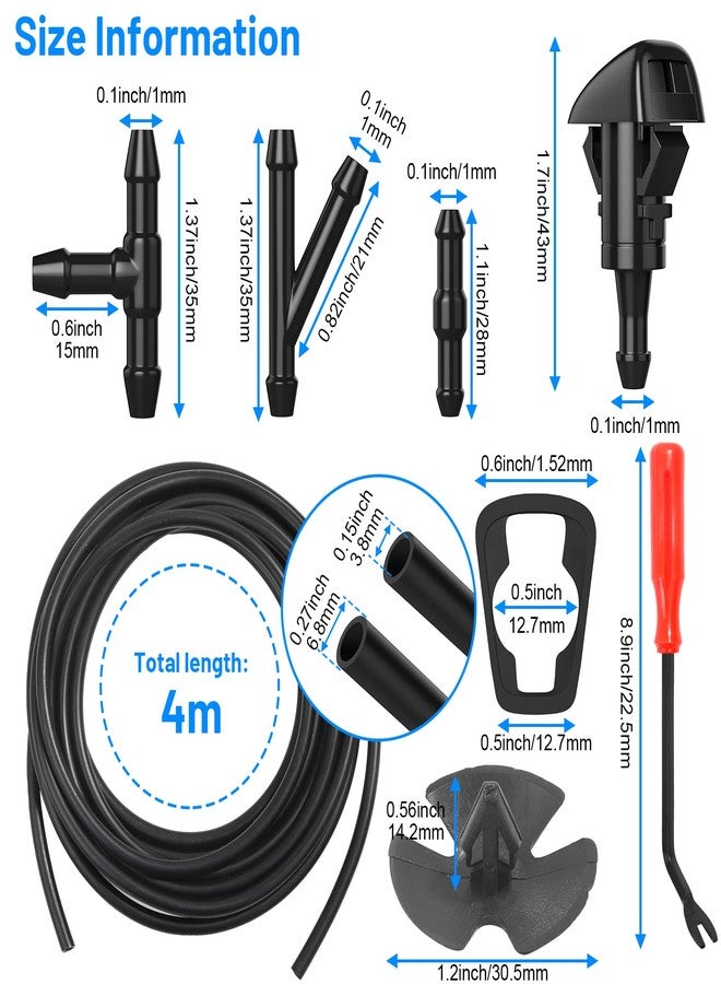 Comkrivy 52 in 1 Windshield Washer Nozzles Kit, Replacement for Chrysler, Dodge, Jeep, Ram - 4 Sprayer Nozzles, 157 Inch Fluid Hose, 12 Hose Connectors, 30 Hood Retainers - Image 2