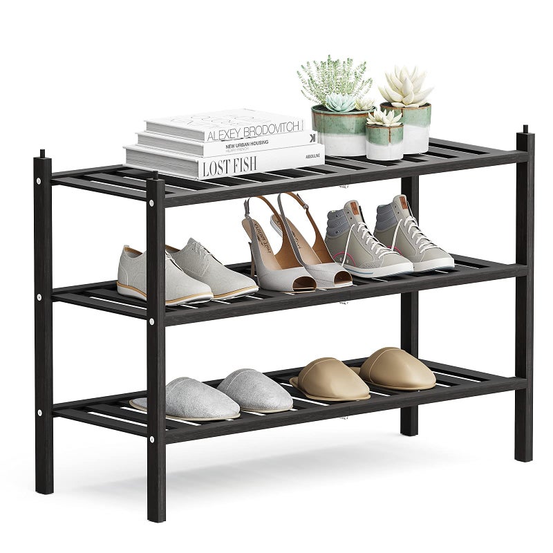 Dranixly Shoe Rack 3Tier Bamboo Stackable Shelf Storage Organizer Stand for Closet Entryway Hallway Bathroom and Living RoomBlack