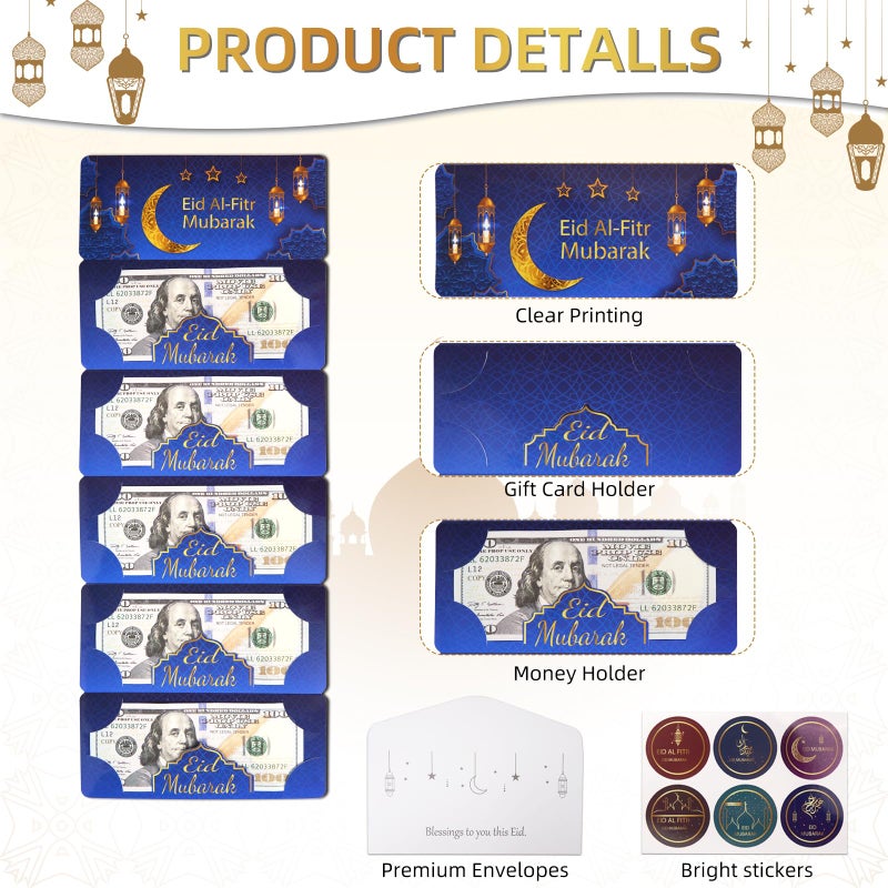 YLQQYL 12 Pack/60 Slots Eid Envelopes for Cash, Eid Mubarak Envelopes Money Holders Bulk with Ramadan Stickers, Ramadan Mubarak Gifts for Kids (6) - Image 3