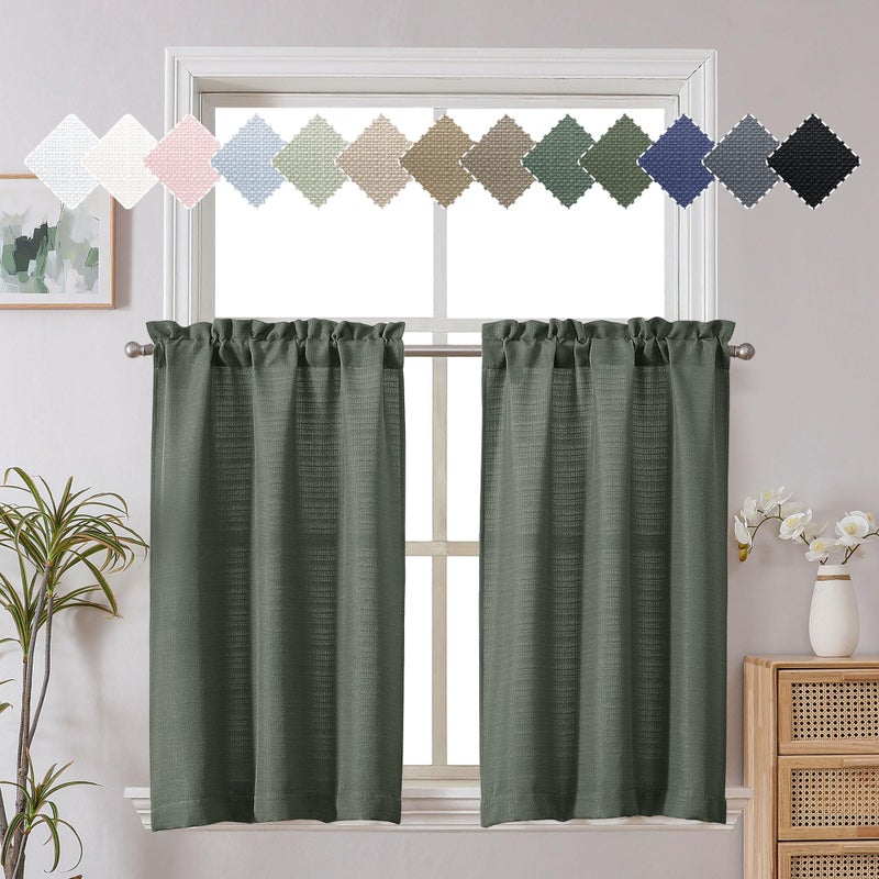 Chyhomenyc Bennet 2 Panels Olive Green Kitchen Curtains 24 Inch Length Tier Curtains, Faux Linen Textured Small Cafe Curtains, Light Filtering Short Window Curtains for Bathroom Basement, 30x24 Inch - Image 1