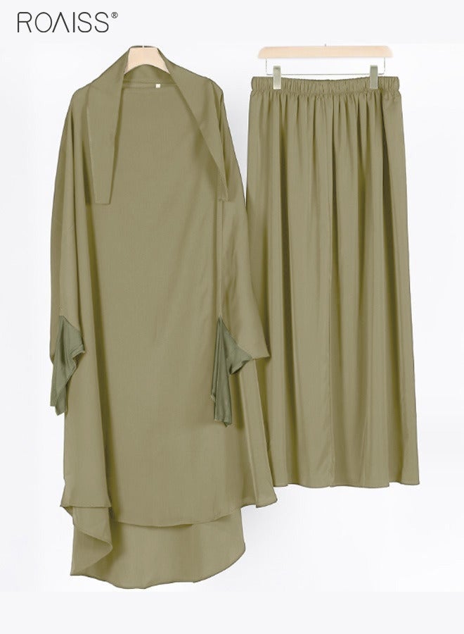 roaiss Women's Traditional Wear Loose Suit Casual Hooded Large Hem Circumference Solid Color Gown 2 Piece Classic National Worship Long Sleeve One-Piece Headscarf Abaya Dress Green  - Image 3