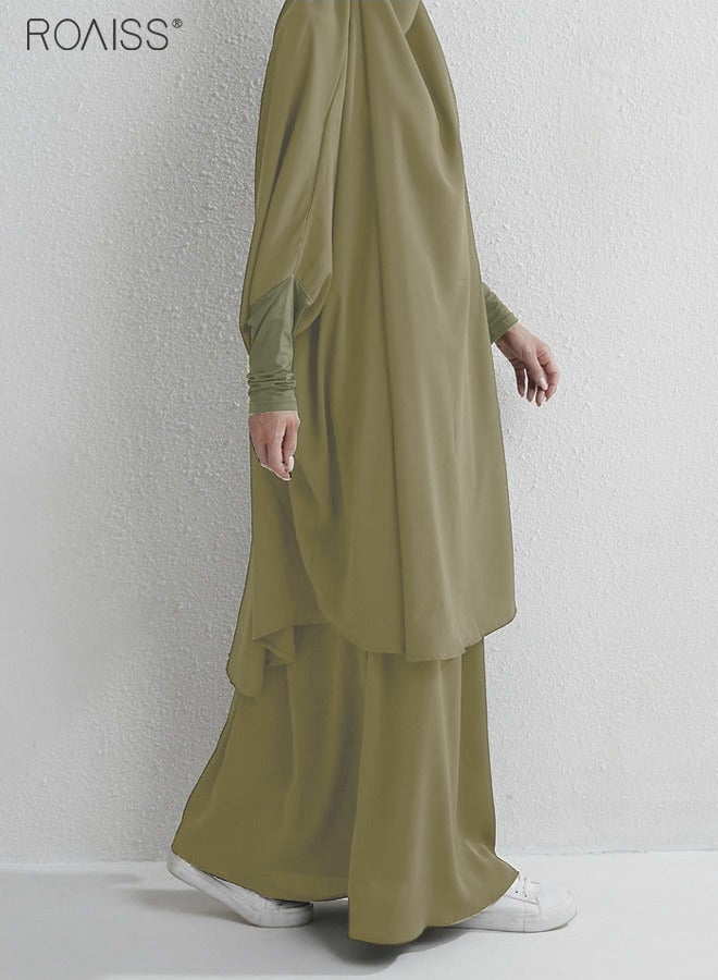 roaiss Women's Traditional Wear Loose Suit Casual Hooded Large Hem Circumference Solid Color Gown 2 Piece Classic National Worship Long Sleeve One-Piece Headscarf Abaya Dress Green  - Image 5
