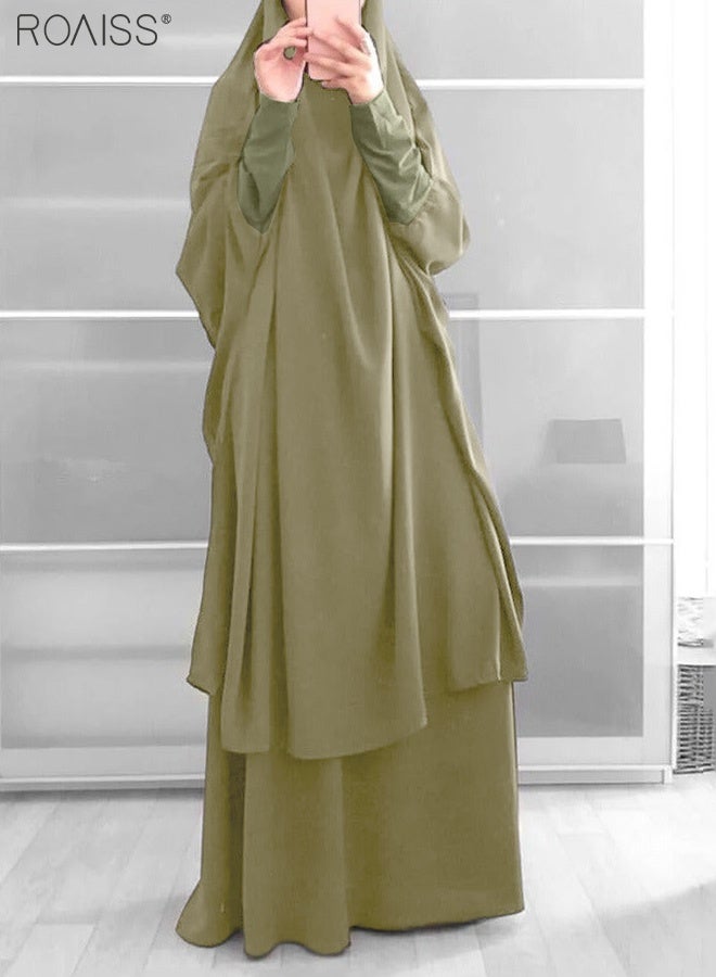 roaiss Women's Traditional Wear Loose Suit Casual Hooded Large Hem Circumference Solid Color Gown 2 Piece Classic National Worship Long Sleeve One-Piece Headscarf Abaya Dress Green  - Image 2