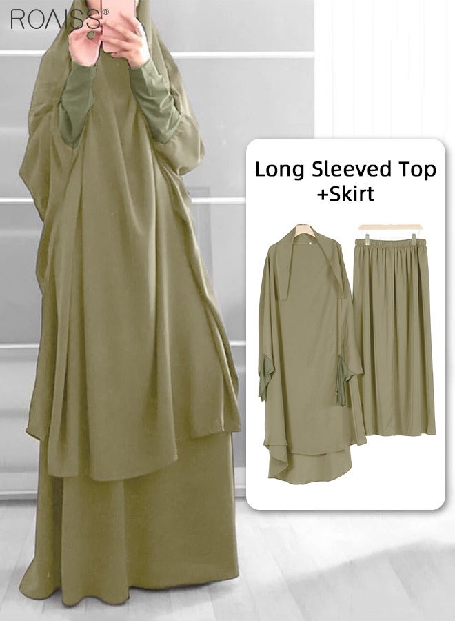 roaiss Women's Traditional Wear Loose Suit Casual Hooded Large Hem Circumference Solid Color Gown 2 Piece Classic National Worship Long Sleeve One-Piece Headscarf Abaya Dress Green  - Image 1
