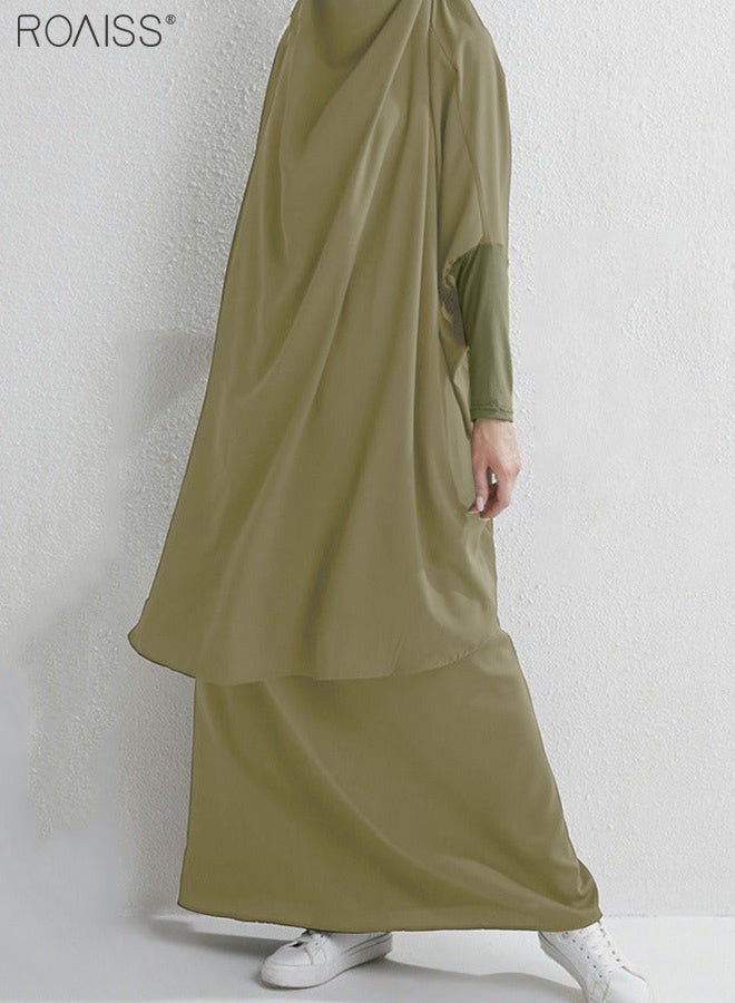 roaiss Women's Traditional Wear Loose Suit Casual Hooded Large Hem Circumference Solid Color Gown 2 Piece Classic National Worship Long Sleeve One-Piece Headscarf Abaya Dress Green  - Image 4