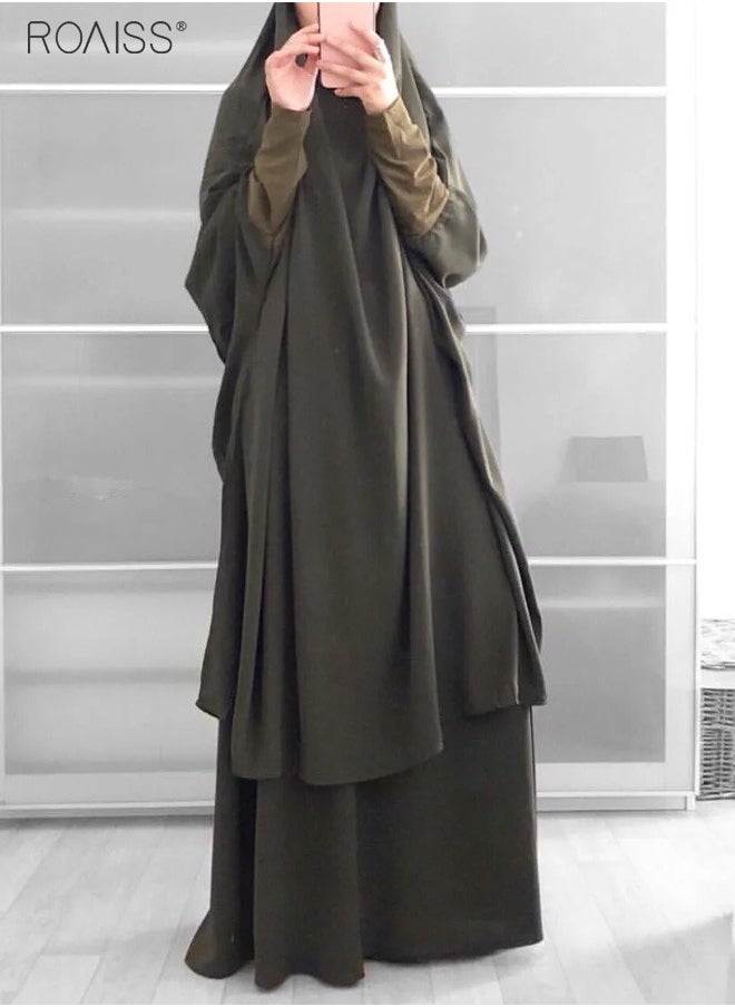 roaiss - 2-Piece Casual Loose Set Muslim Women's Long Top and Elastic Waist Skirt Wrist Splice Tight Fashion Versatile Set - Image 1
