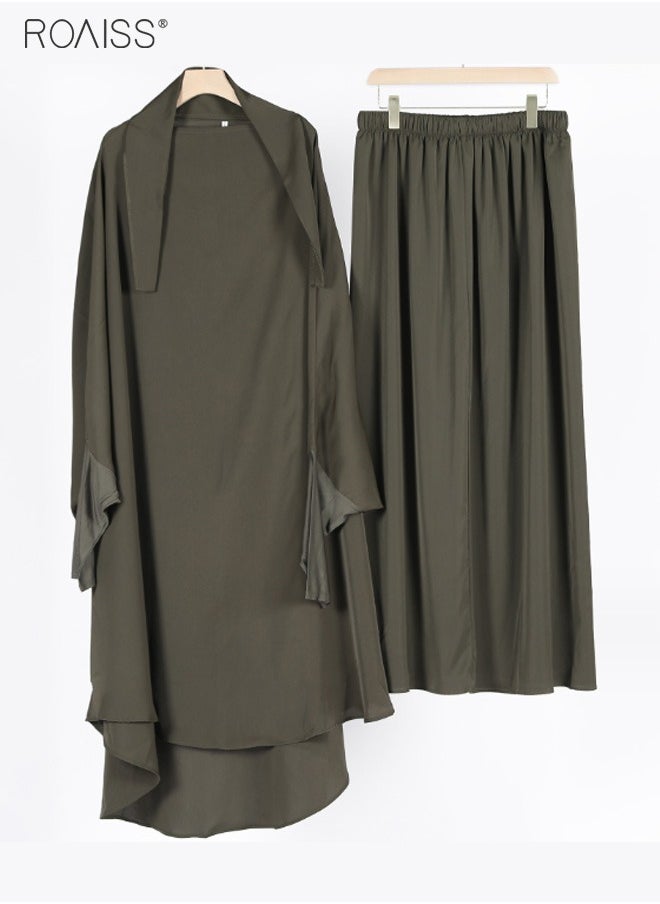 roaiss - 2-Piece Casual Loose Set Muslim Women's Long Top and Elastic Waist Skirt Wrist Splice Tight Fashion Versatile Set - Image 1